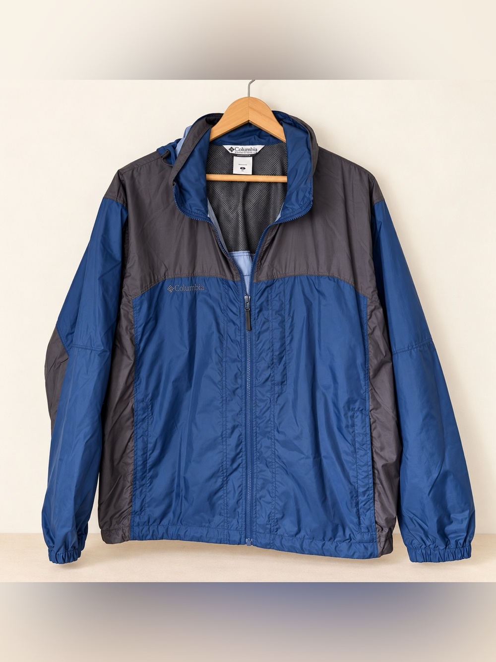 Columbia Men’s XL Blue Gray Colorblock Hooded Windbreaker Rain Jacket
